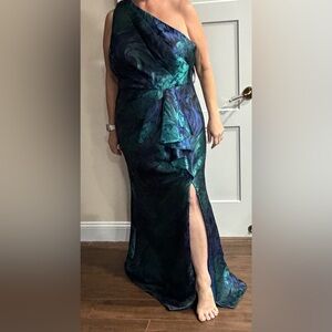 Adrianna Papell One-Shoulder Dress in Blue and Green